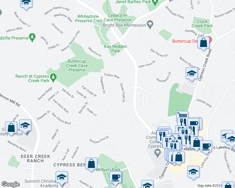 map of restaurants, bars, coffee shops, grocery stores, and more near 1606 Fall Creek Dr in Cedar Park