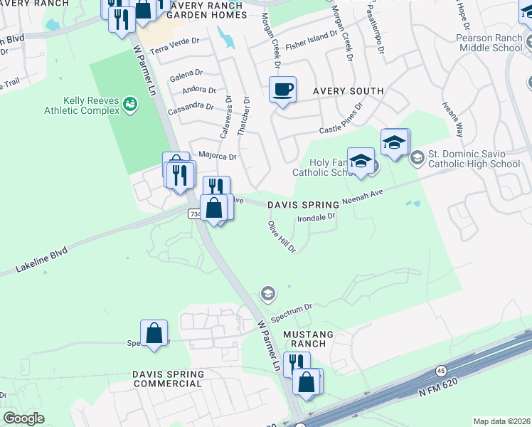 map of restaurants, bars, coffee shops, grocery stores, and more near 14744 Olive Hill Drive in Austin