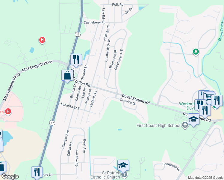 map of restaurants, bars, coffee shops, grocery stores, and more near 254 Ridgewick Drive South in Jacksonville