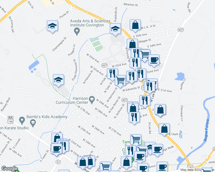 map of restaurants, bars, coffee shops, grocery stores, and more near 1101 North Tyler Street in Covington