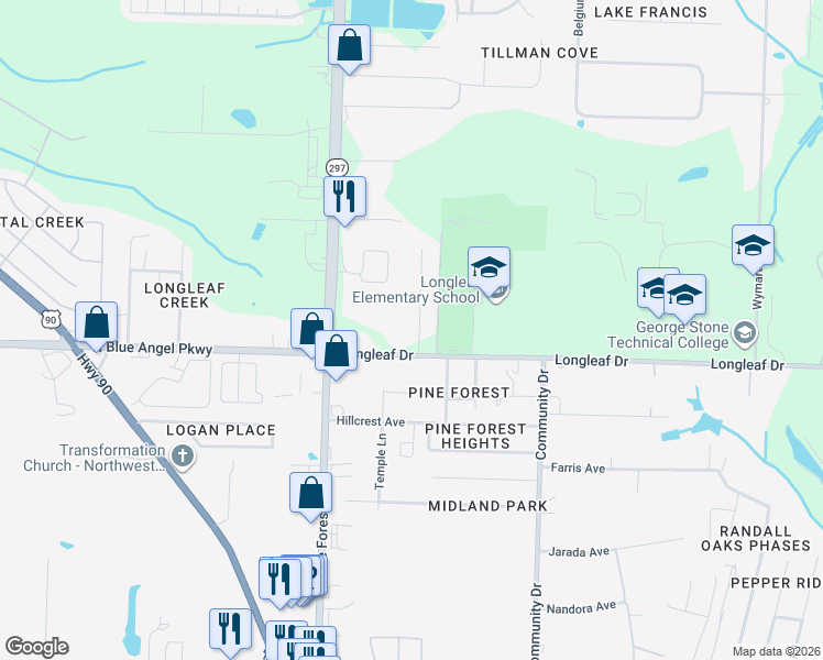 map of restaurants, bars, coffee shops, grocery stores, and more near 7007 Nathan Rd in Pensacola