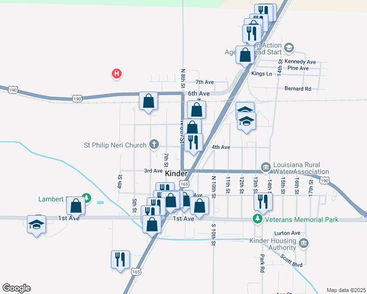 map of restaurants, bars, coffee shops, grocery stores, and more near 831 4th Ave in Kinder