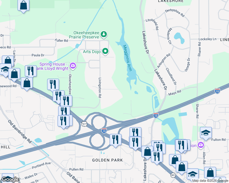map of restaurants, bars, coffee shops, grocery stores, and more near 787 Livingston Court in Tallahassee