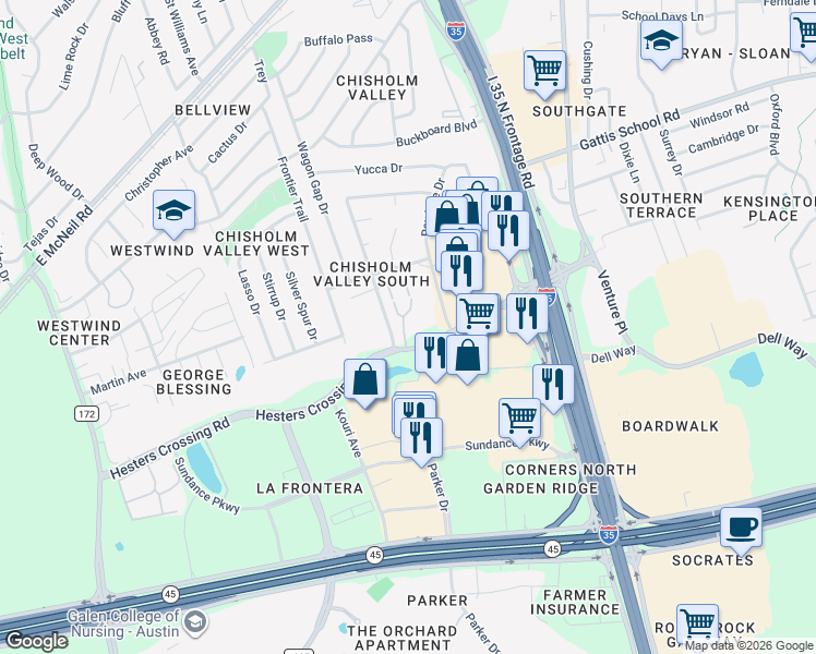 map of restaurants, bars, coffee shops, grocery stores, and more near 400 Hesters Crossing Road in Round Rock