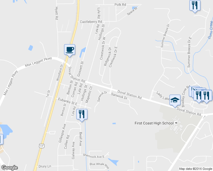 map of restaurants, bars, coffee shops, grocery stores, and more near 238 Ridgewick Drive South in Jacksonville