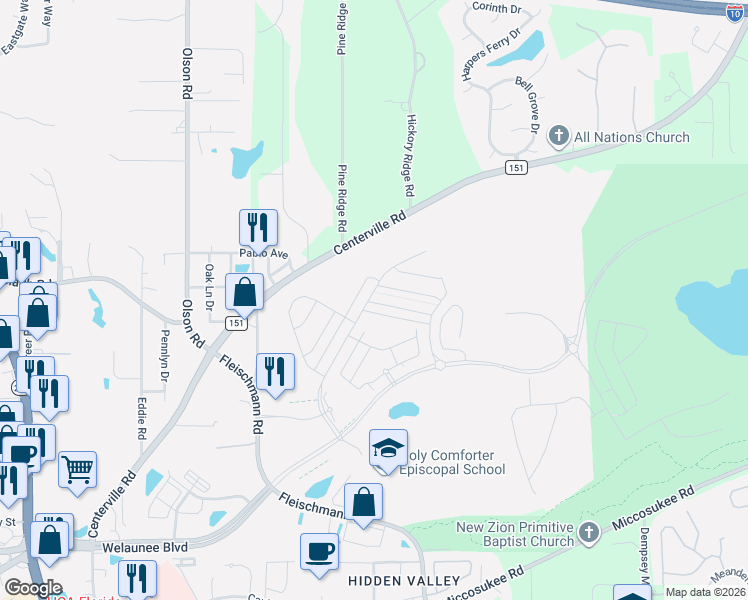 map of restaurants, bars, coffee shops, grocery stores, and more near 2801 Centerville Road in Tallahassee