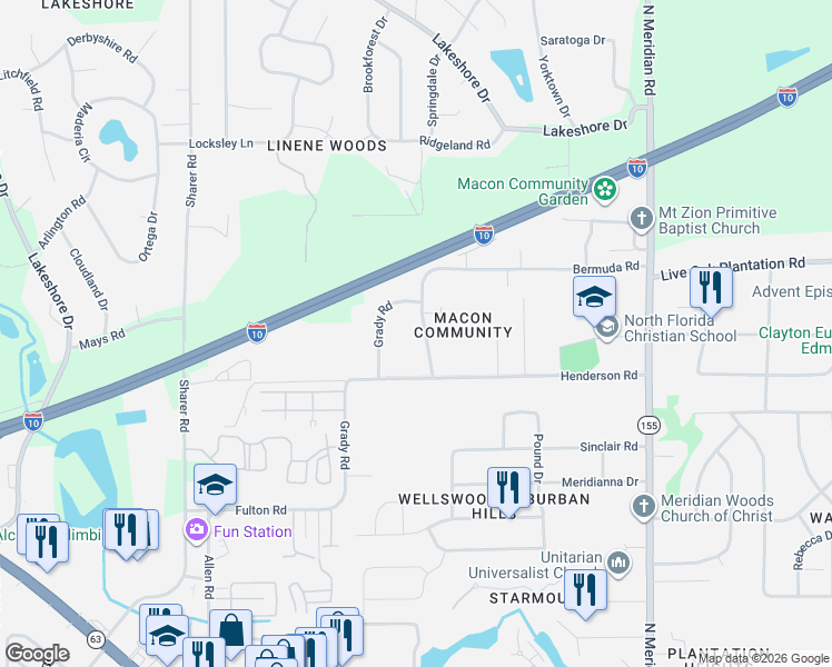 map of restaurants, bars, coffee shops, grocery stores, and more near 3016 Thomas Road in Tallahassee