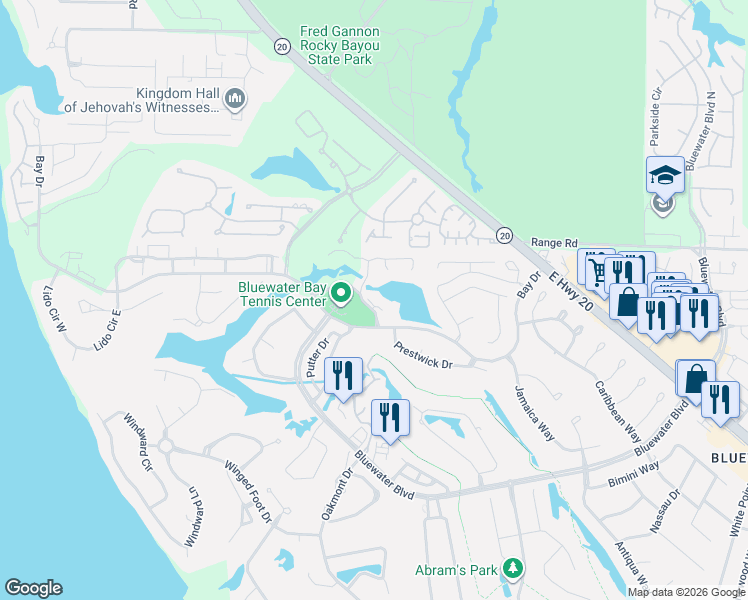 map of restaurants, bars, coffee shops, grocery stores, and more near 206 Southlake Court in Niceville