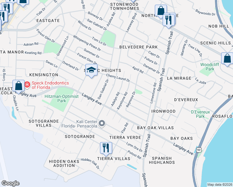 map of restaurants, bars, coffee shops, grocery stores, and more near 5795 Adelyn Road in Pensacola