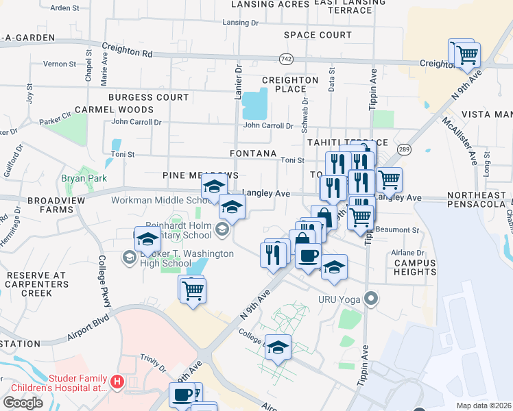 map of restaurants, bars, coffee shops, grocery stores, and more near 1836 Loyola Street in Pensacola