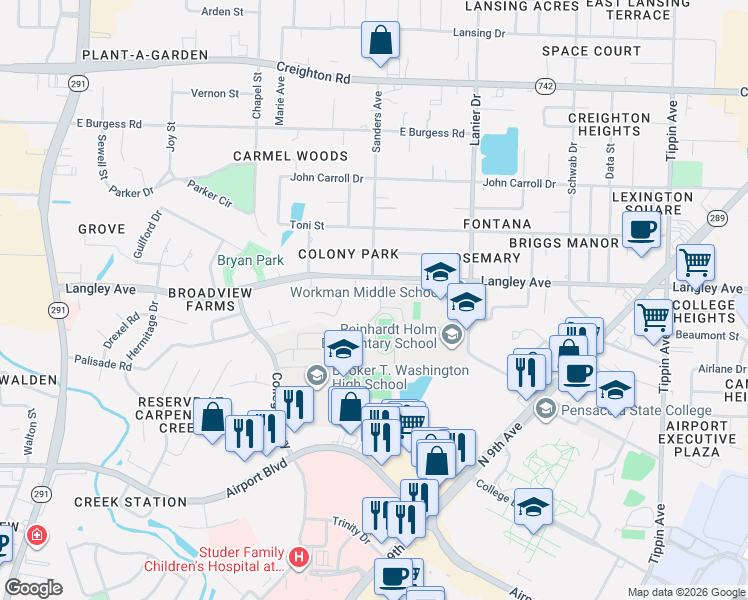 map of restaurants, bars, coffee shops, grocery stores, and more near 6272 Ridgegate Circle in Pensacola