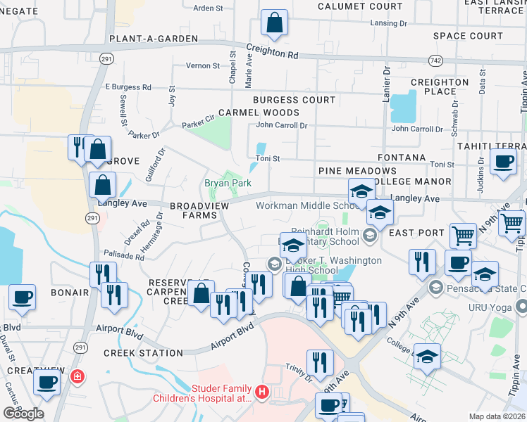map of restaurants, bars, coffee shops, grocery stores, and more near 1205 Pinnacle Circle in Pensacola