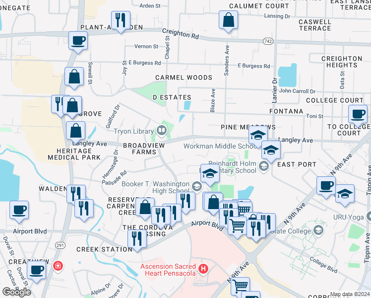 map of restaurants, bars, coffee shops, grocery stores, and more near 1205 Pinnacle Circle in Pensacola