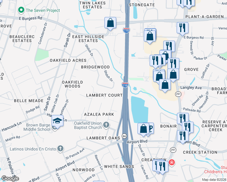 map of restaurants, bars, coffee shops, grocery stores, and more near 594 Shiloh Drive in Pensacola