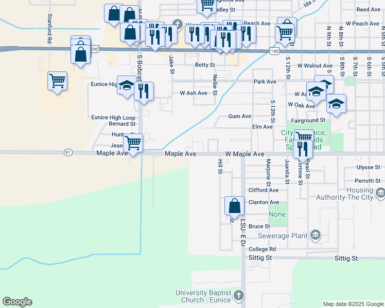 map of restaurants, bars, coffee shops, grocery stores, and more near Maple Avenue in Eunice