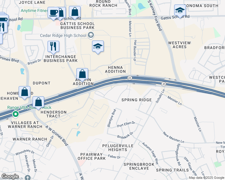 map of restaurants, bars, coffee shops, grocery stores, and more near 2501 Louis Henna Boulevard in Round Rock