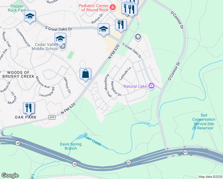 map of restaurants, bars, coffee shops, grocery stores, and more near 325 Navigator Drive in Austin