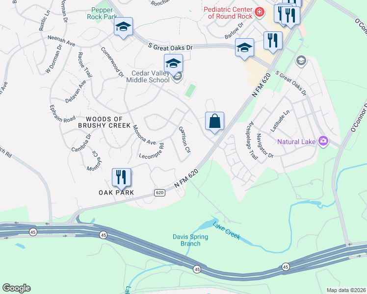 map of restaurants, bars, coffee shops, grocery stores, and more near 15852 Garrison Circle in Austin