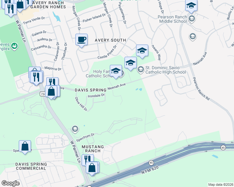 map of restaurants, bars, coffee shops, grocery stores, and more near 14912 Solera Drive in Austin