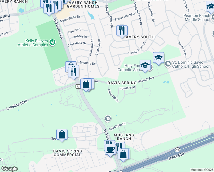 map of restaurants, bars, coffee shops, grocery stores, and more near 14744 Olive Hill Drive in Austin