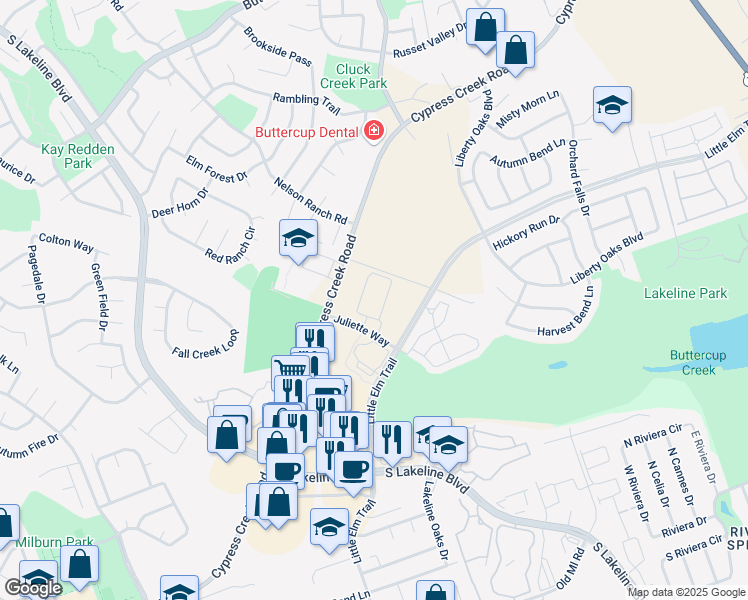 map of restaurants, bars, coffee shops, grocery stores, and more near 1520 Juliette Way in Cedar Park
