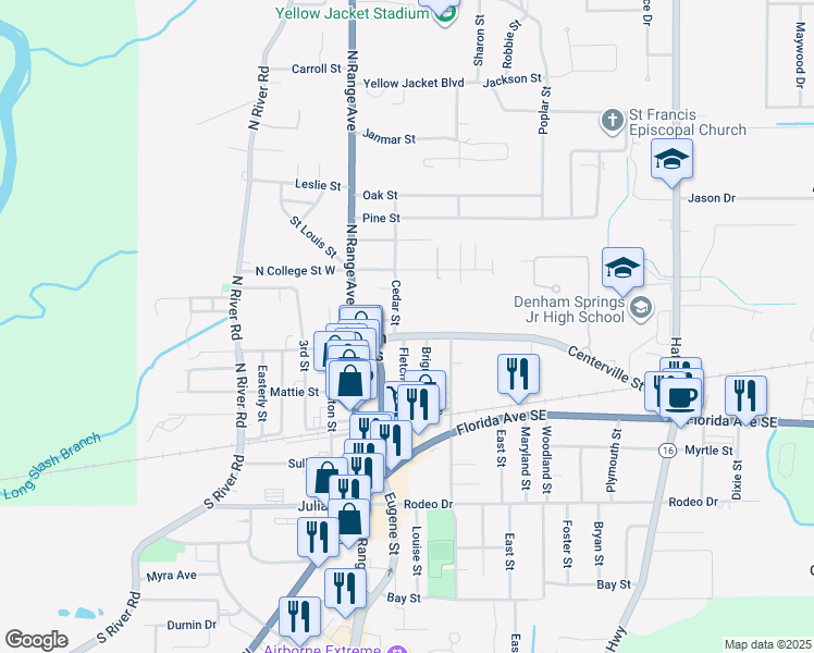 map of restaurants, bars, coffee shops, grocery stores, and more near 211 Centerville Street Northeast in Denham Springs