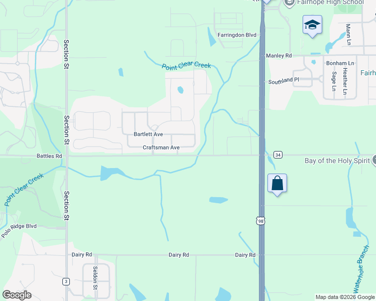 map of restaurants, bars, coffee shops, grocery stores, and more near 424 Craftsman Avenue in Fairhope