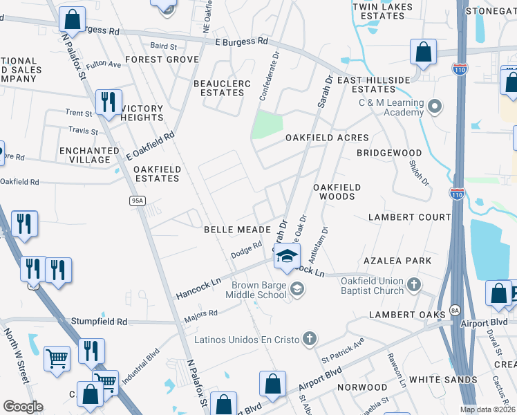 map of restaurants, bars, coffee shops, grocery stores, and more near 101 Czar Lane in Pensacola