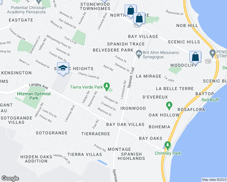 map of restaurants, bars, coffee shops, grocery stores, and more near 4220 Morelia Place in Pensacola