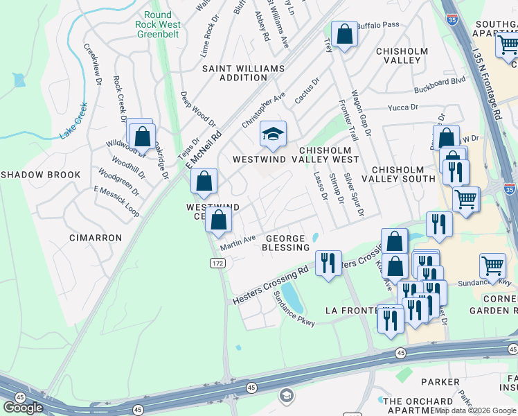 map of restaurants, bars, coffee shops, grocery stores, and more near 2502 Blessing Avenue in Round Rock