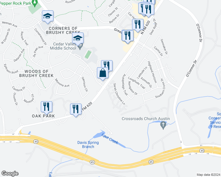 map of restaurants, bars, coffee shops, grocery stores, and more near 1013 Sue Ann Rose Drive in Austin