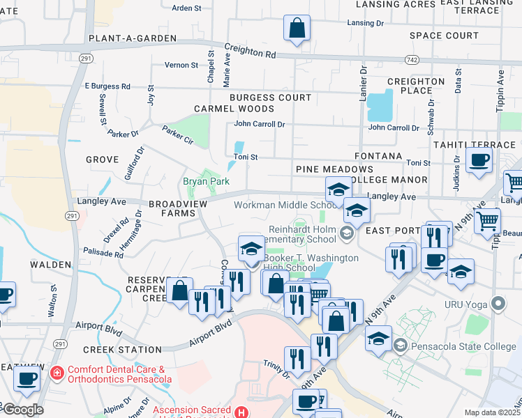 map of restaurants, bars, coffee shops, grocery stores, and more near 1325 Pinnacle Drive in Pensacola