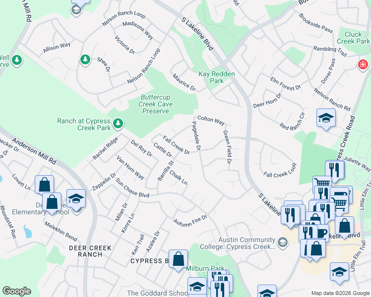 map of restaurants, bars, coffee shops, grocery stores, and more near 1709 Fall Creek Drive in Cedar Park