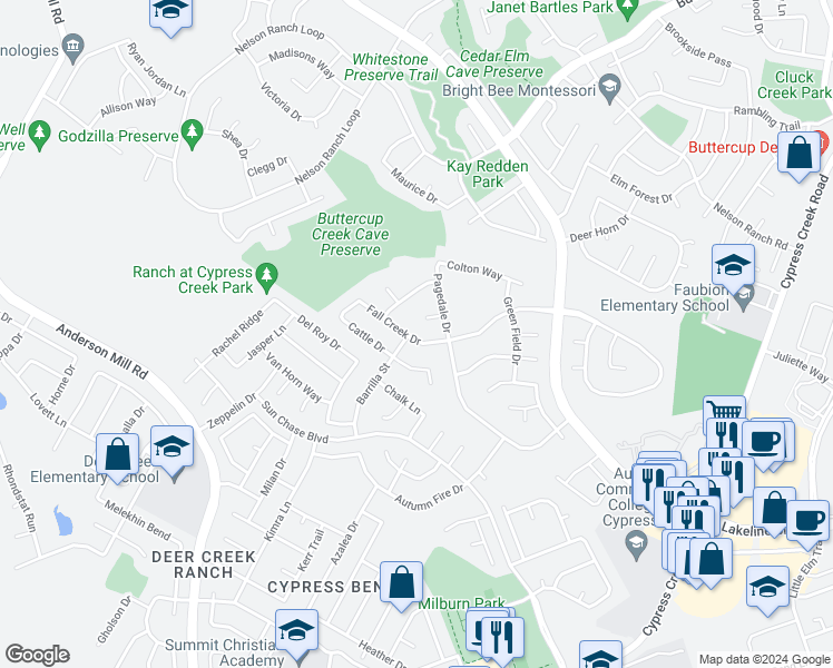 map of restaurants, bars, coffee shops, grocery stores, and more near 1709 Fall Creek Drive in Cedar Park