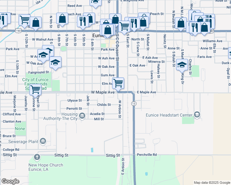map of restaurants, bars, coffee shops, grocery stores, and more near 129 West Maple Avenue in Eunice