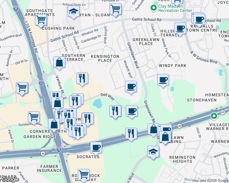 map of restaurants, bars, coffee shops, grocery stores, and more near 1101 Nottingham Hill Road in Round Rock