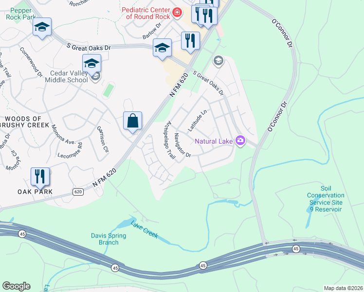 map of restaurants, bars, coffee shops, grocery stores, and more near 325 Navigator Drive in Austin