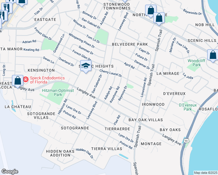 map of restaurants, bars, coffee shops, grocery stores, and more near 5795 Adelyn Road in Pensacola