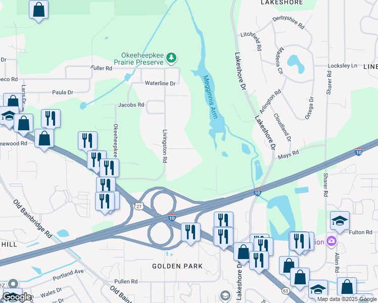 map of restaurants, bars, coffee shops, grocery stores, and more near 753 Livingston Court in Tallahassee