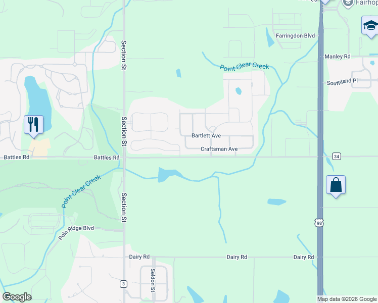 map of restaurants, bars, coffee shops, grocery stores, and more near 7001-7651 Old Battles Rd in Fairhope