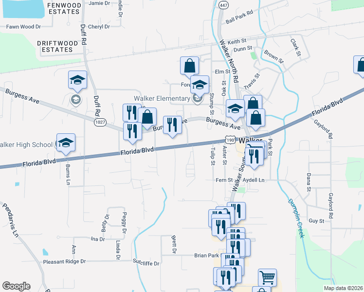 map of restaurants, bars, coffee shops, grocery stores, and more near 10300 Florida Boulevard in Walker