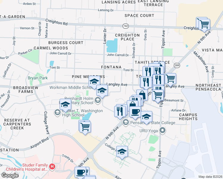 map of restaurants, bars, coffee shops, grocery stores, and more near 1836 Loyola Street in Pensacola