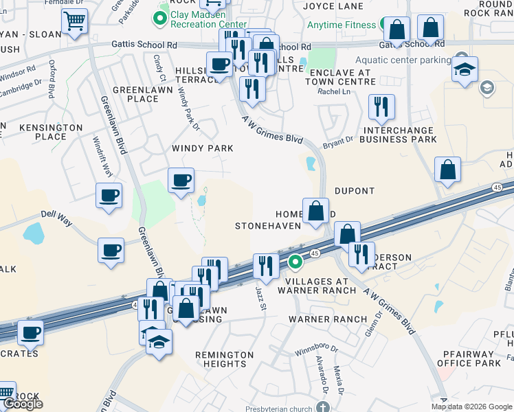 map of restaurants, bars, coffee shops, grocery stores, and more near 650 Louis Henna Boulevard in Round Rock