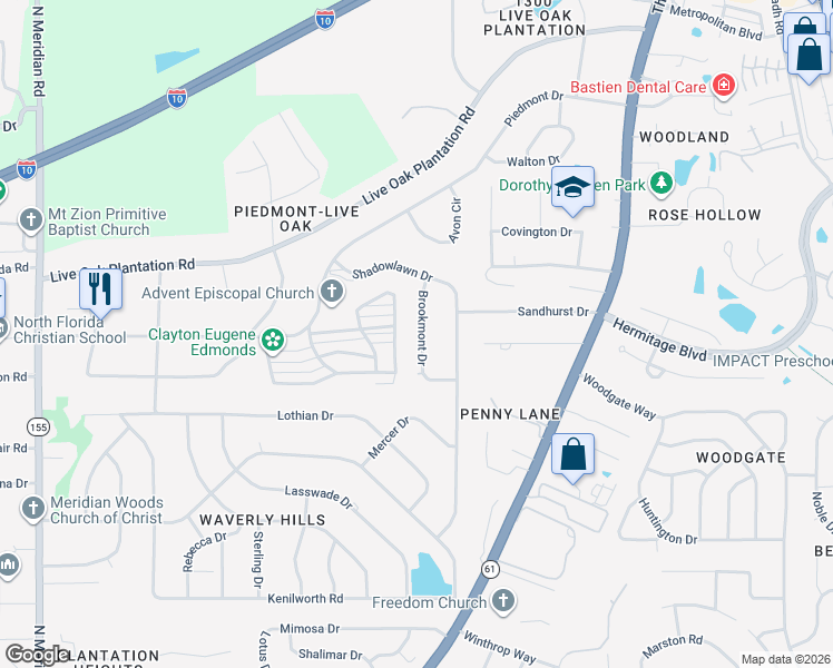 map of restaurants, bars, coffee shops, grocery stores, and more near 3014 Brookmont Drive in Tallahassee