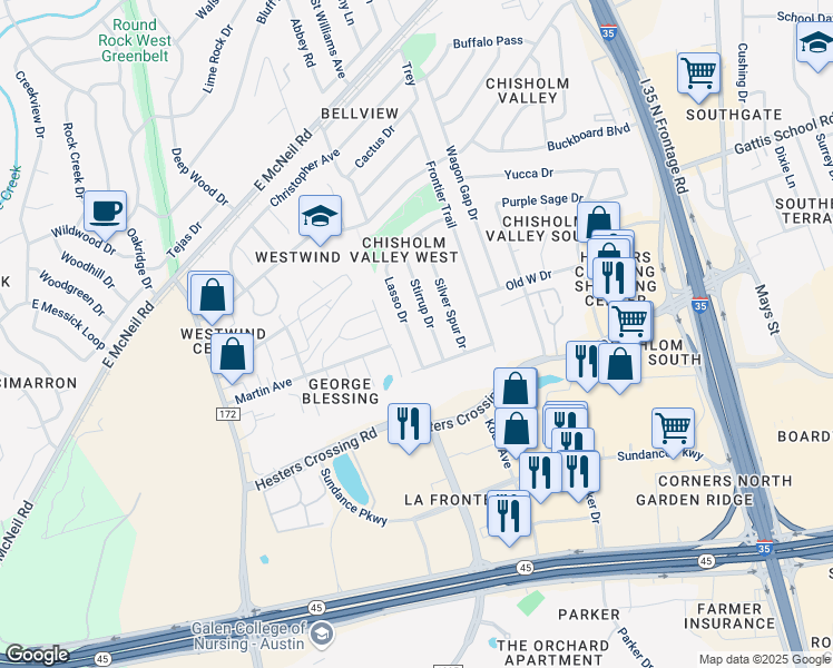 map of restaurants, bars, coffee shops, grocery stores, and more near 2403 Lasso Drive in Round Rock
