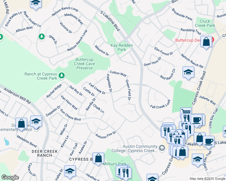 map of restaurants, bars, coffee shops, grocery stores, and more near 1206 Pagedale Drive in Cedar Park