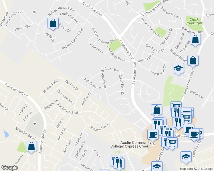 map of restaurants, bars, coffee shops, grocery stores, and more near 1206 Pagedale Drive in Cedar Park