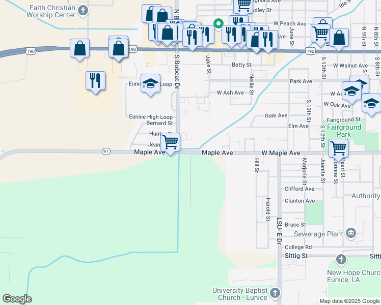 map of restaurants, bars, coffee shops, grocery stores, and more near Maple Avenue in Eunice