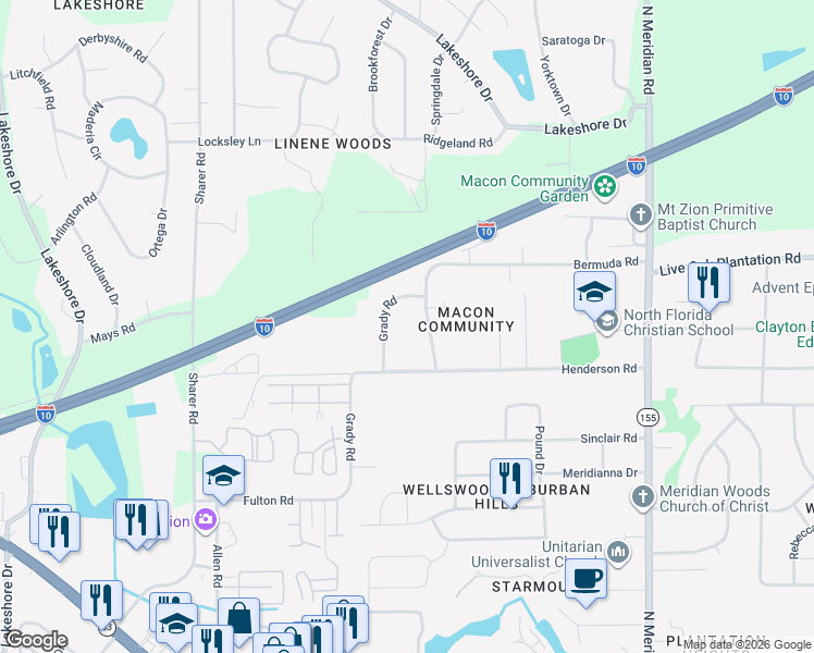 map of restaurants, bars, coffee shops, grocery stores, and more near 3016 Thomas Road in Tallahassee
