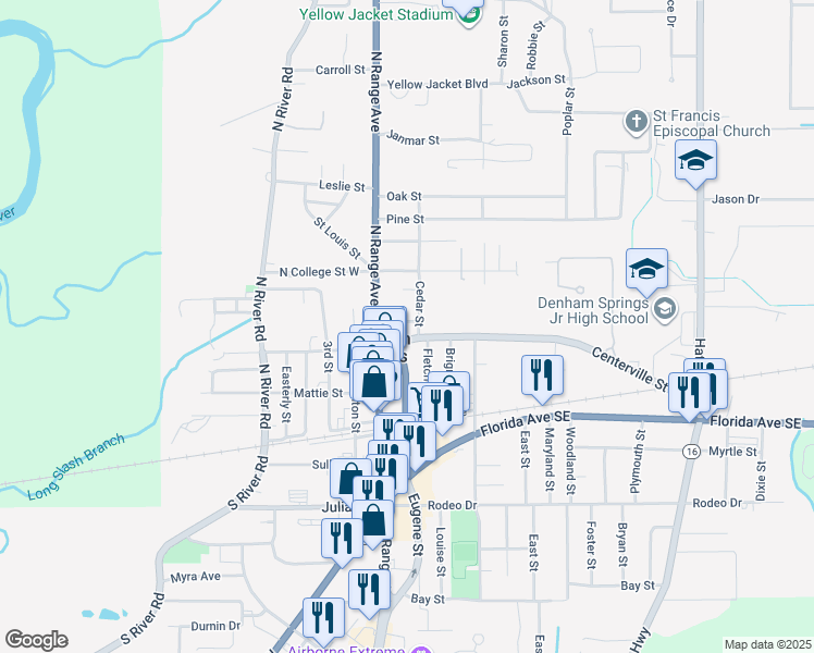 map of restaurants, bars, coffee shops, grocery stores, and more near 132 Stubb Street in Denham Springs